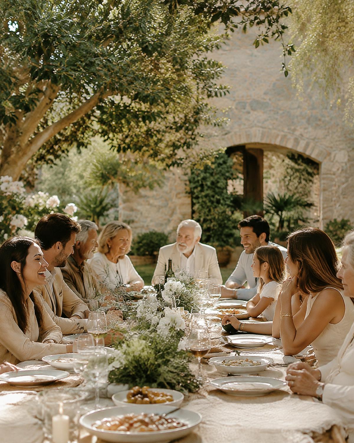 Three generations sharing a long dinner in a garden courtyard