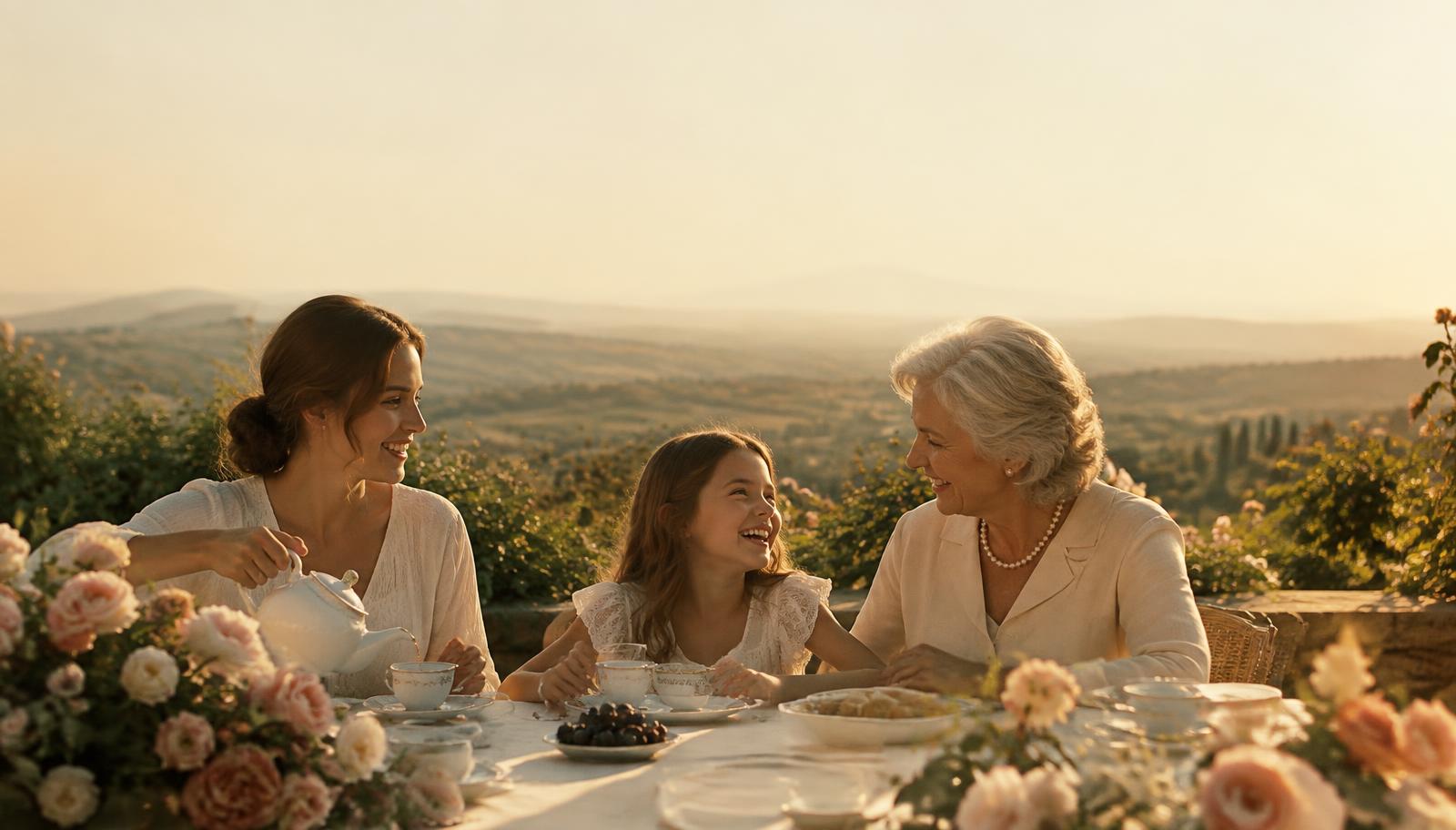 Three generations sharing afternoon tea at a linen-dressed table with garden roses, overlooking golden hills